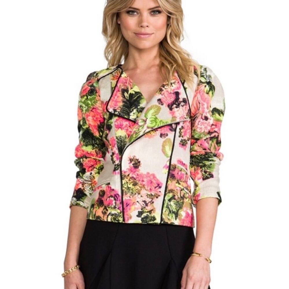Line & Dot Floral Biker Jacket in Pink, Green, Cream